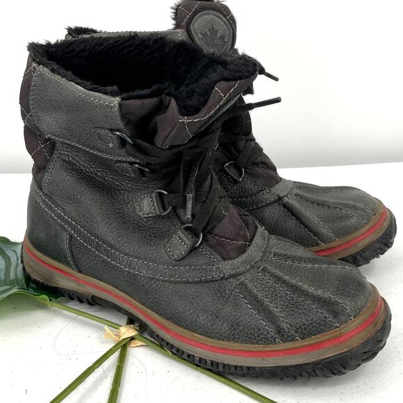 Pajar Canada Black Red Leather Faux Fur Lined Lace Up Waterproof Duck Snow Boots - Picture 1 of 10